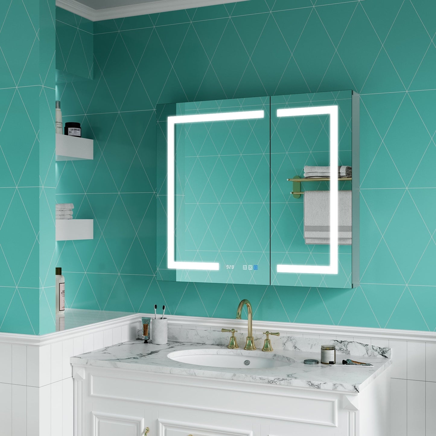 ExBrite Ethos 36-in x 32-in Lighted LED Fog Free Surface/Recessed Mount Silver Mirrored Soft Close Medicine Cabinet with Outlet