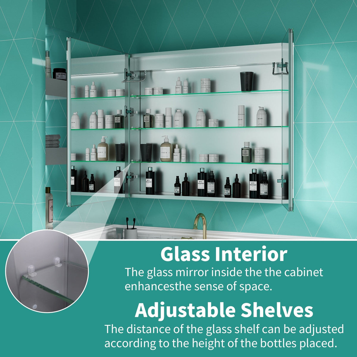 ExBrite Ethos 36-in x 32-in Lighted LED Fog Free Surface/Recessed Mount Silver Mirrored Soft Close Medicine Cabinet with Outlet