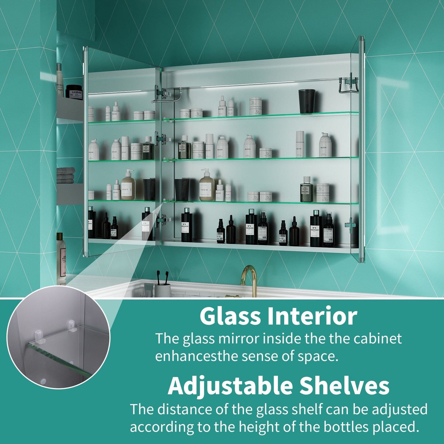 ExBrite Ethos 36-in x 32-in Lighted LED Fog Free Surface/Recessed Mount Silver Mirrored Soft Close Medicine Cabinet with Outlet