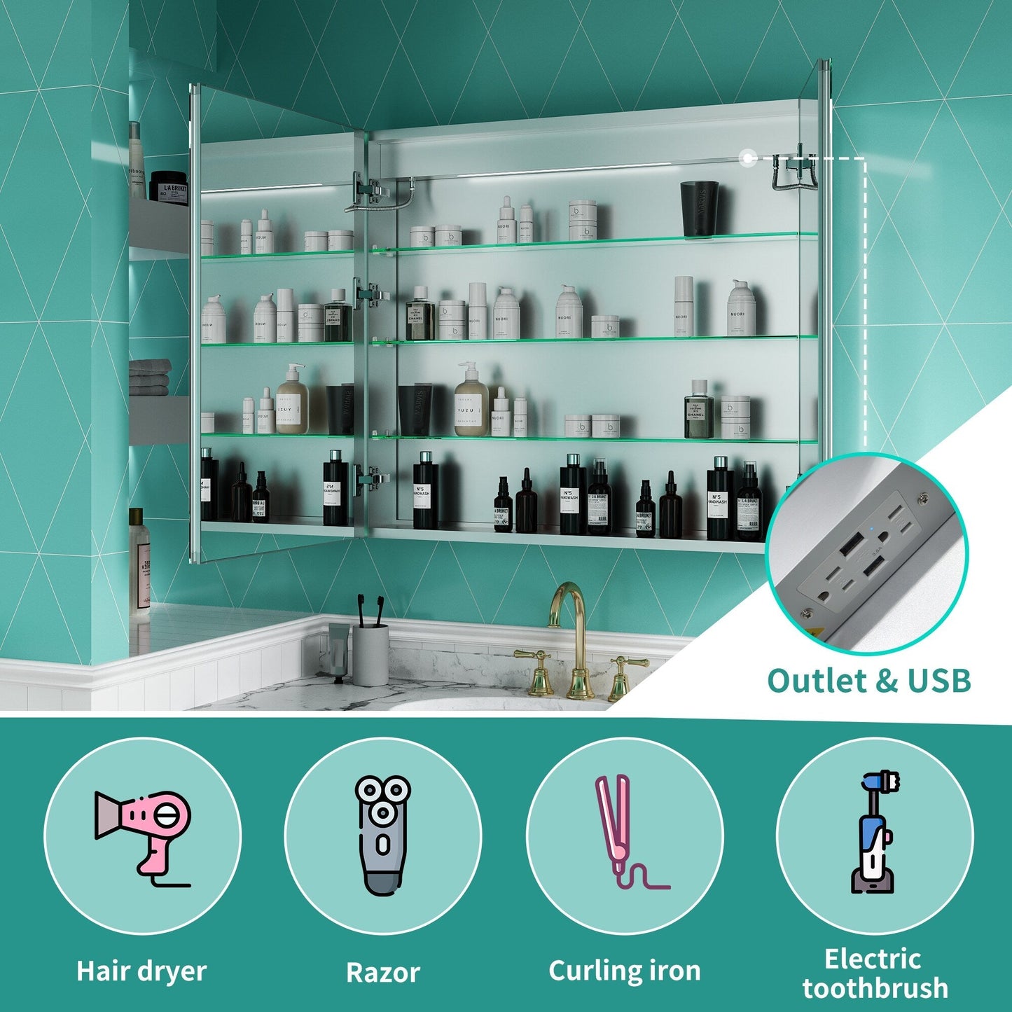ExBrite Ethos 36-in x 32-in Lighted LED Fog Free Surface/Recessed Mount Silver Mirrored Soft Close Medicine Cabinet with Outlet