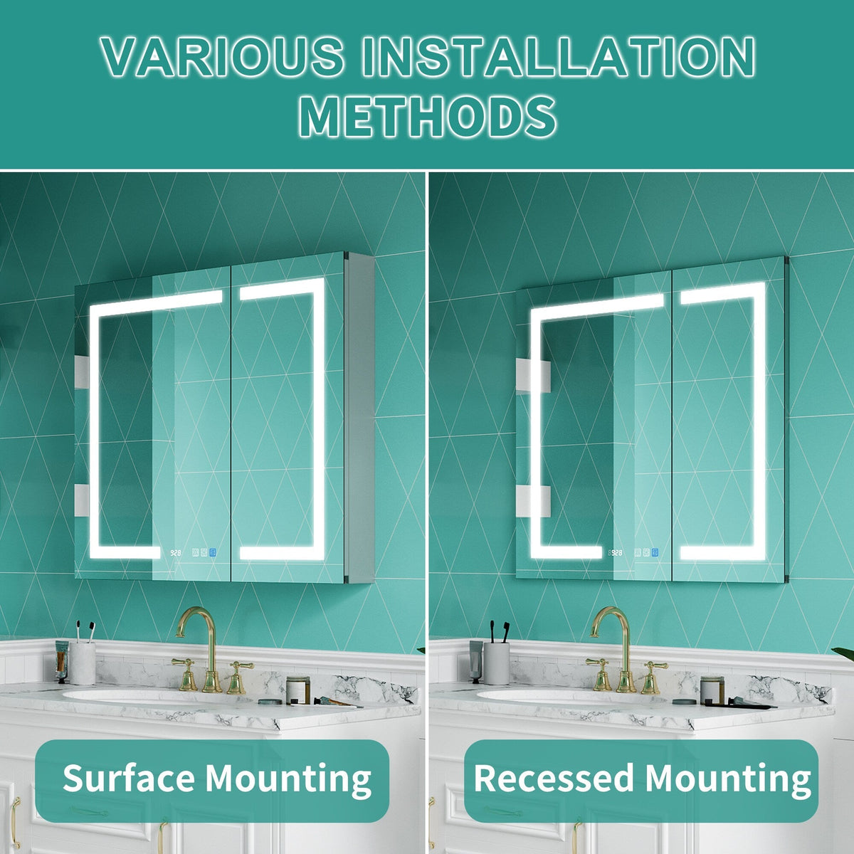 ExBrite Ethos 36-in x 32-in Lighted LED Fog Free Surface/Recessed Mount Silver Mirrored Soft Close Medicine Cabinet with Outlet