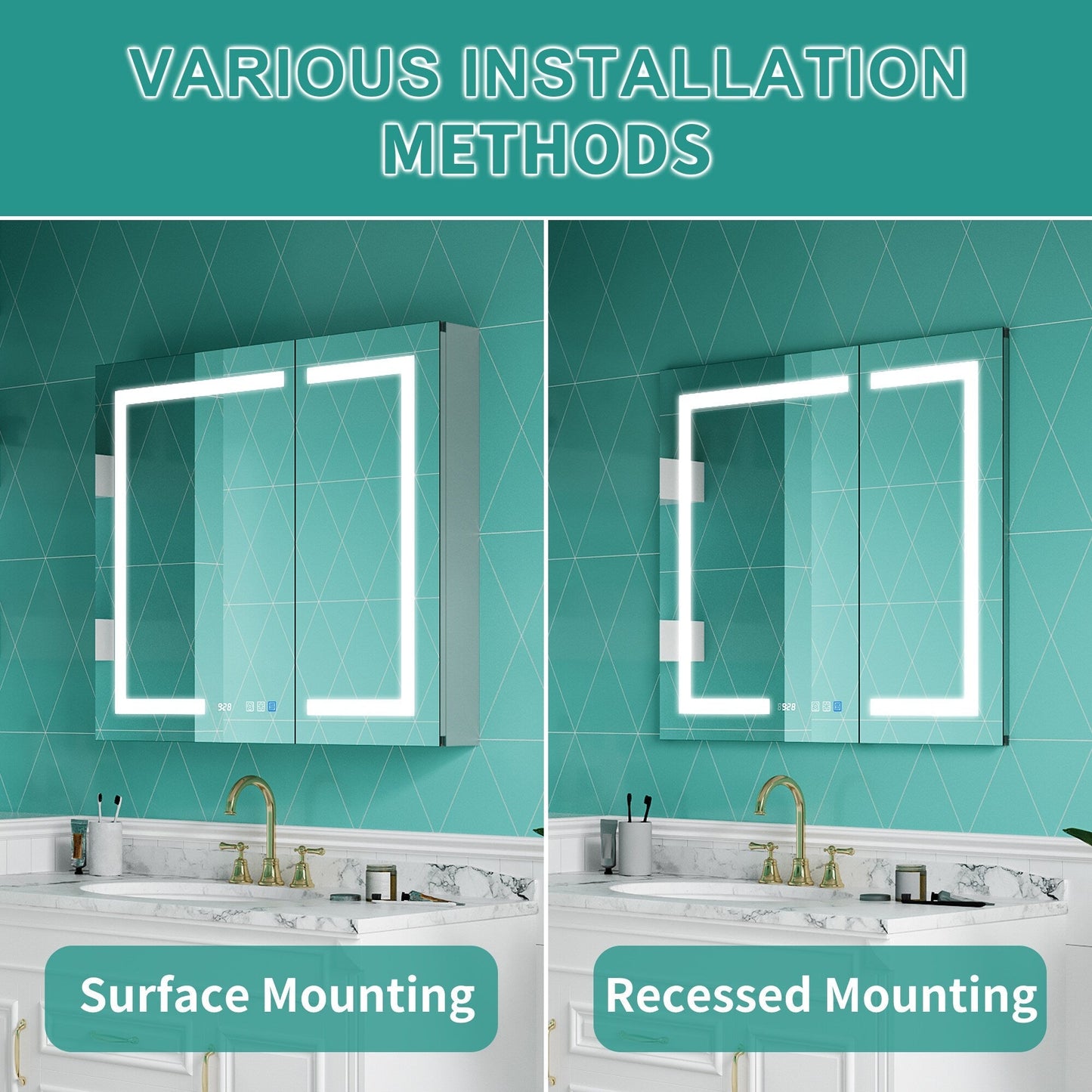 ExBrite Ethos 36-in x 32-in Lighted LED Fog Free Surface/Recessed Mount Silver Mirrored Soft Close Medicine Cabinet with Outlet