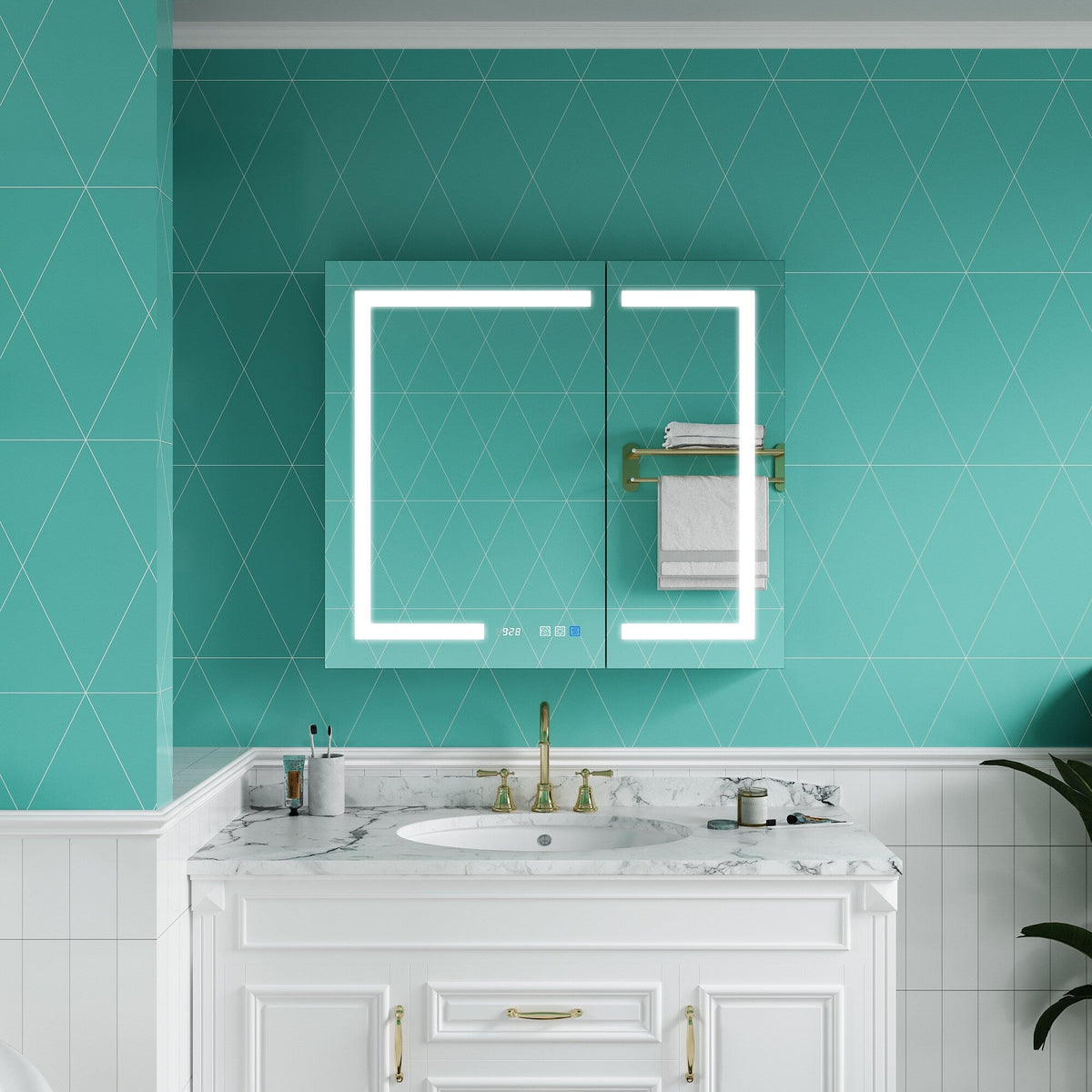 ExBrite Ethos 36-in x 32-in Lighted LED Fog Free Surface/Recessed Mount Silver Mirrored Soft Close Medicine Cabinet with Outlet