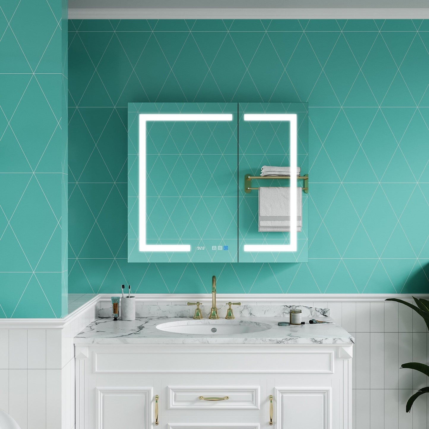 ExBrite Ethos 36-in x 32-in Lighted LED Fog Free Surface/Recessed Mount Silver Mirrored Soft Close Medicine Cabinet with Outlet