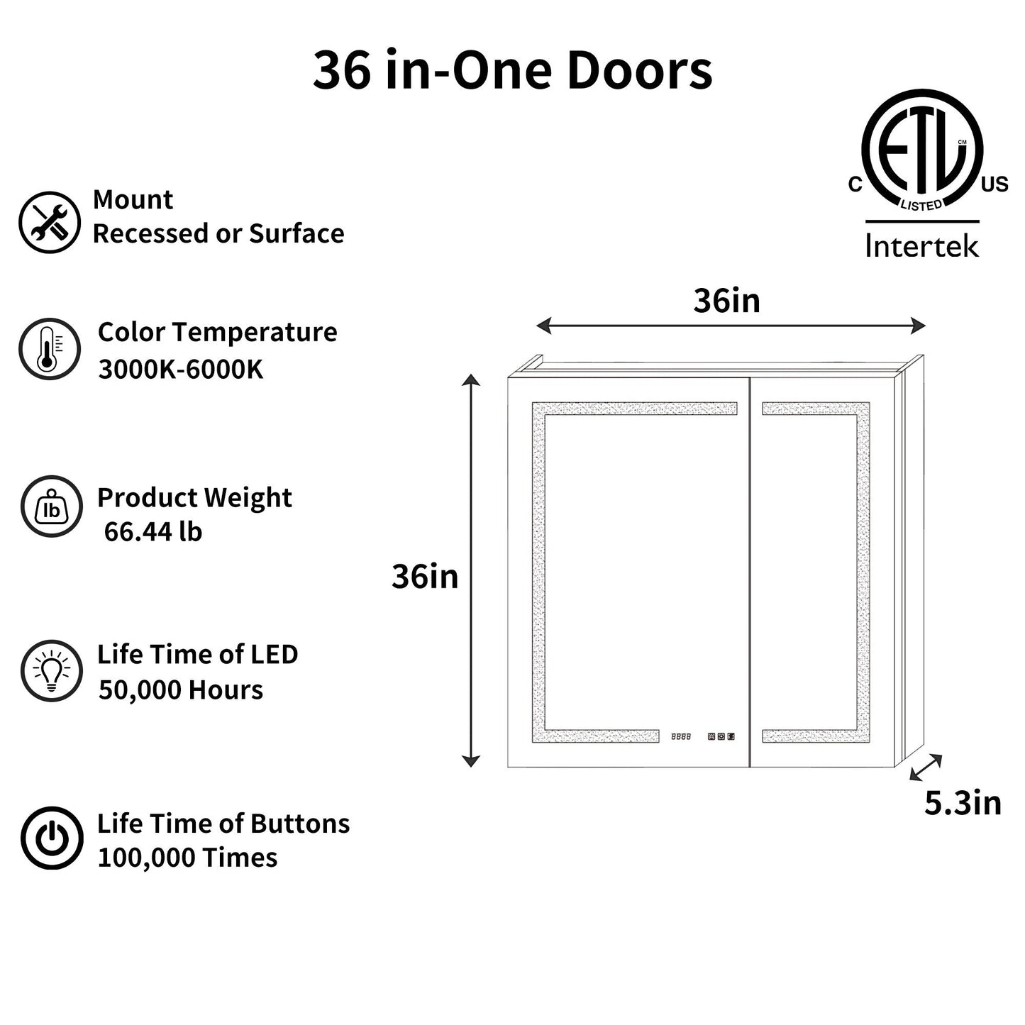 ExBrite Ethos 36-in x 36-in Lighted LED Fog Free Surface/Recessed Mount Silver Mirrored Soft Close Medicine Cabinet with Outlet