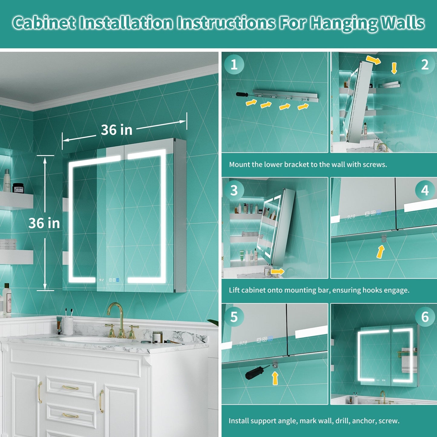 ExBrite Ethos 36-in x 36-in Lighted LED Fog Free Surface/Recessed Mount Silver Mirrored Soft Close Medicine Cabinet with Outlet