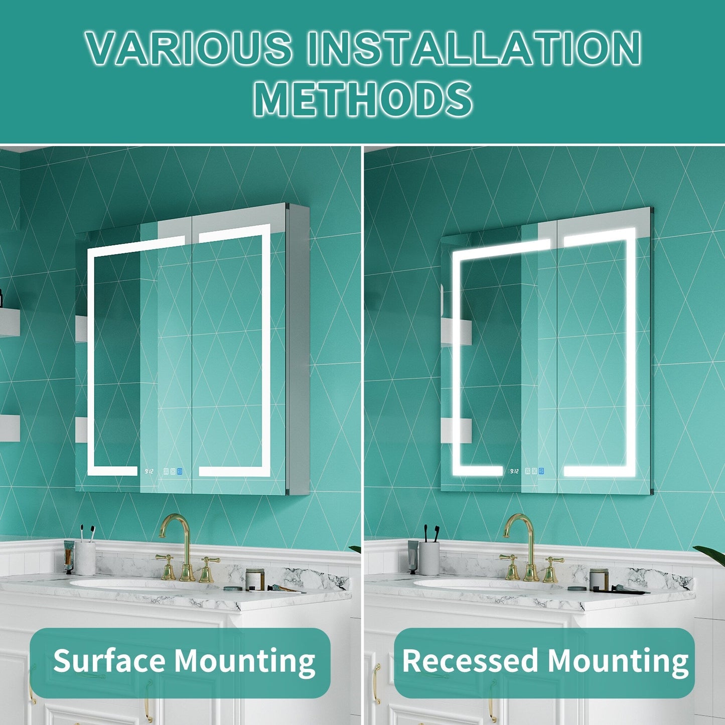ExBrite Ethos 36-in x 36-in Lighted LED Fog Free Surface/Recessed Mount Silver Mirrored Soft Close Medicine Cabinet with Outlet