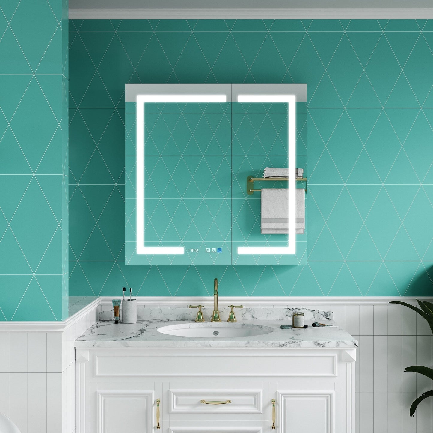 ExBrite Ethos 36-in x 36-in Lighted LED Fog Free Surface/Recessed Mount Silver Mirrored Soft Close Medicine Cabinet with Outlet