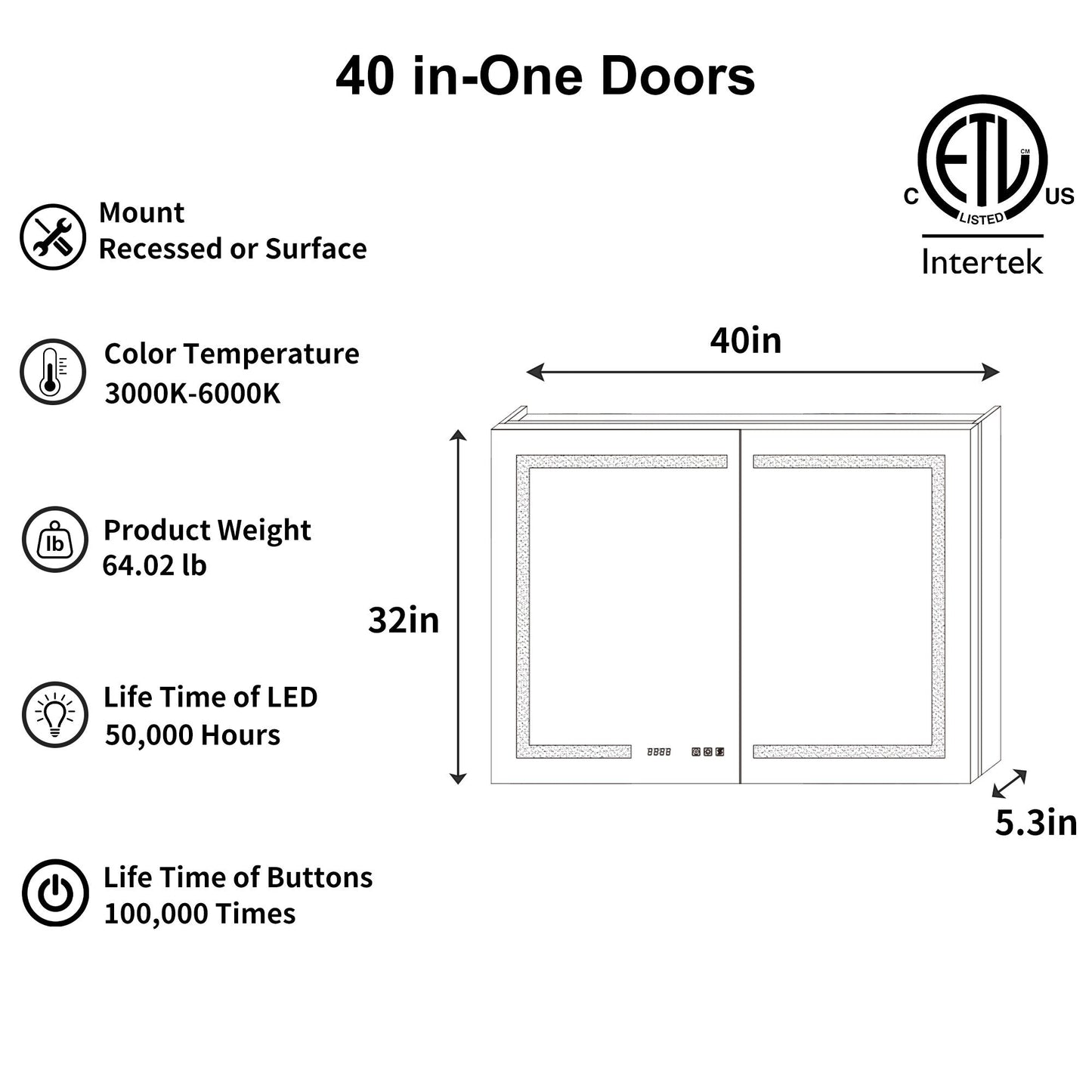 ExBrite Ethos 40-in x 32-in Lighted LED Fog Free Surface/Recessed Mount Silver Mirrored Soft Close Medicine Cabinet with Outlet