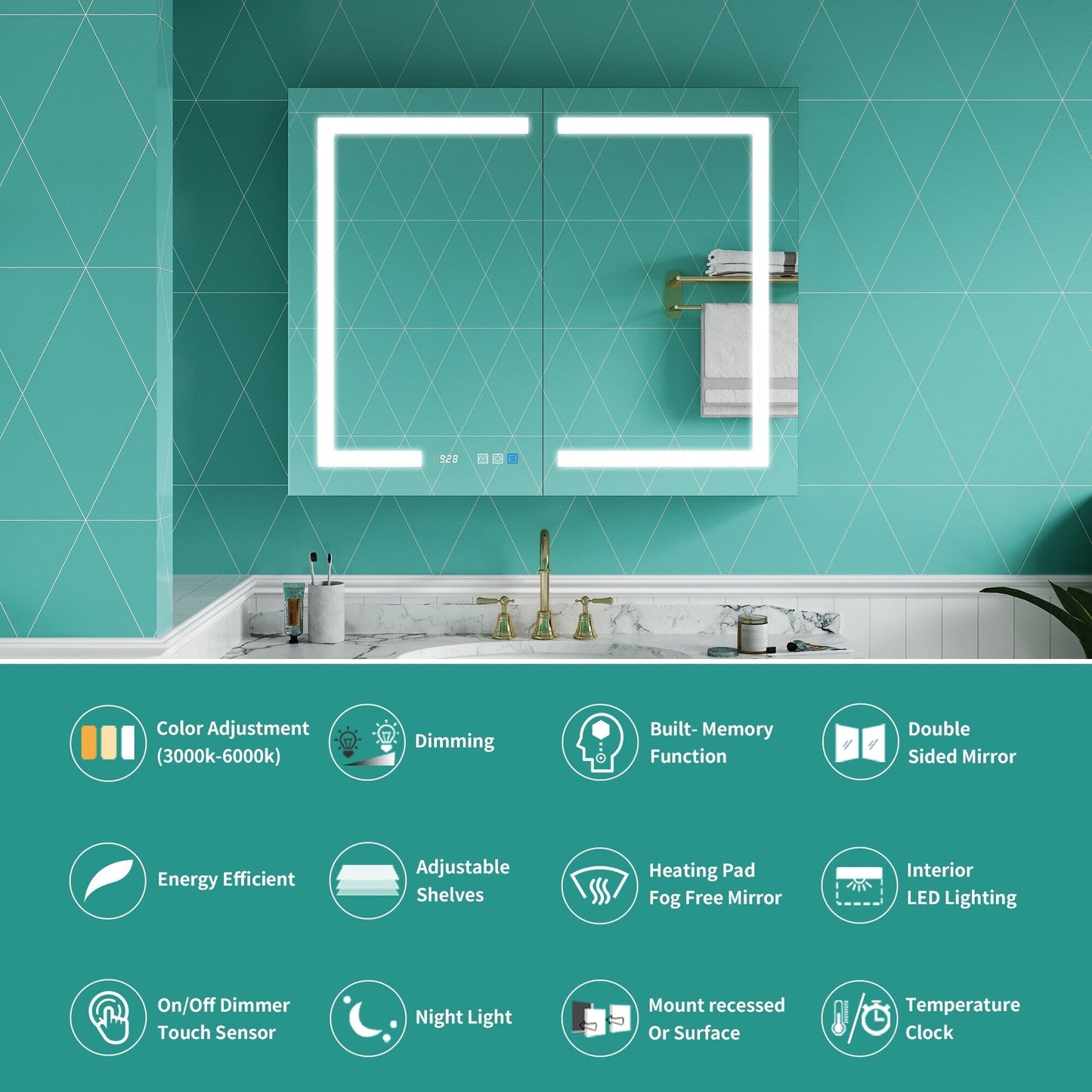 ExBrite Ethos 40-in x 32-in Lighted LED Fog Free Surface/Recessed Mount Silver Mirrored Soft Close Medicine Cabinet with Outlet