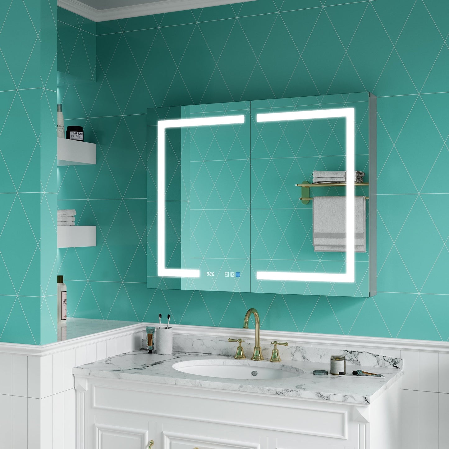 ExBrite Ethos 40-in x 32-in Lighted LED Fog Free Surface/Recessed Mount Silver Mirrored Soft Close Medicine Cabinet with Outlet