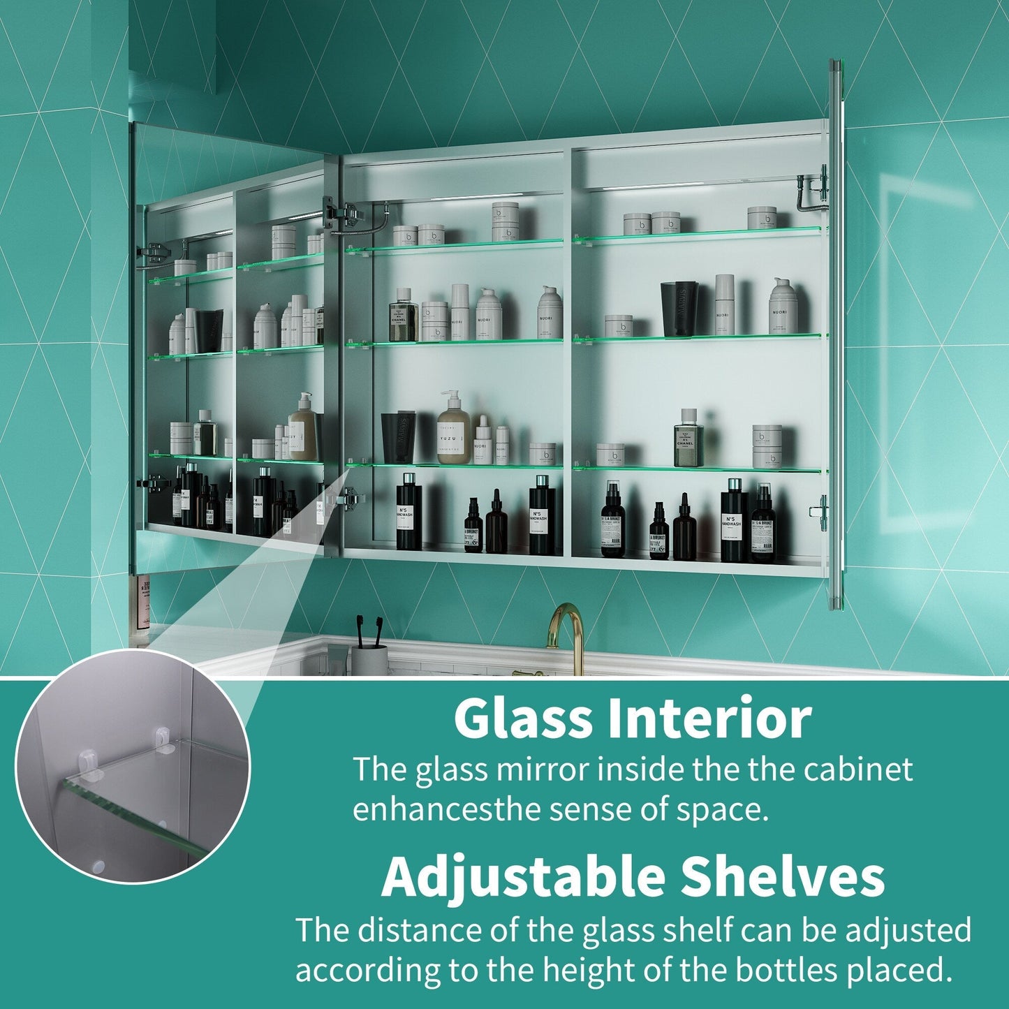 ExBrite Ethos 40-in x 32-in Lighted LED Fog Free Surface/Recessed Mount Silver Mirrored Soft Close Medicine Cabinet with Outlet