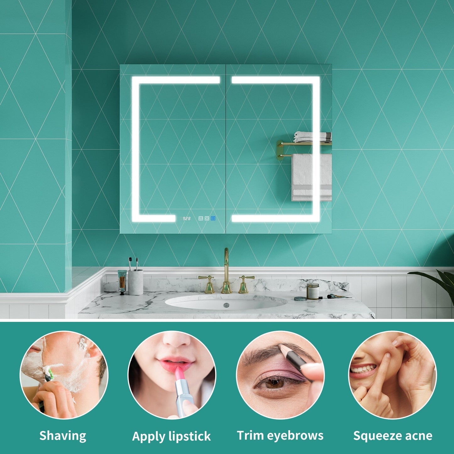 ExBrite Ethos 40-in x 32-in Lighted LED Fog Free Surface/Recessed Mount Silver Mirrored Soft Close Medicine Cabinet with Outlet