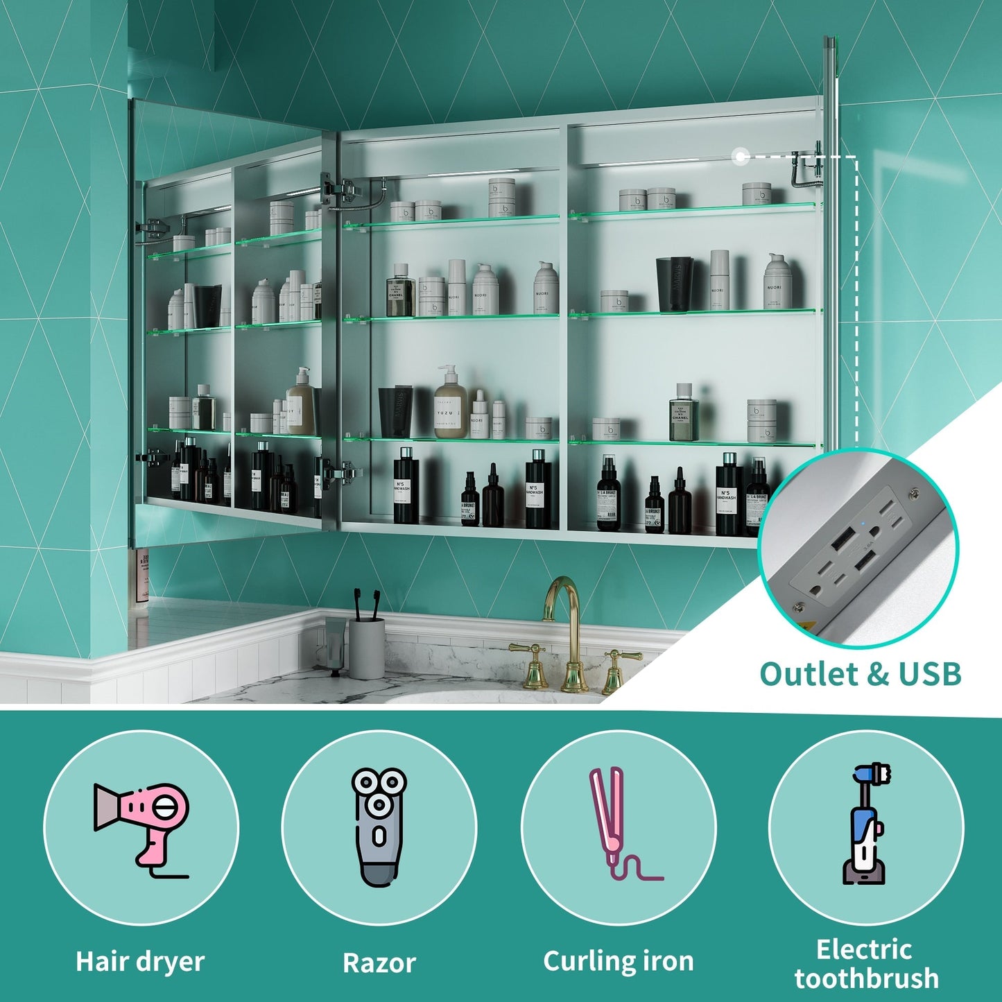 ExBrite Ethos 40-in x 32-in Lighted LED Fog Free Surface/Recessed Mount Silver Mirrored Soft Close Medicine Cabinet with Outlet