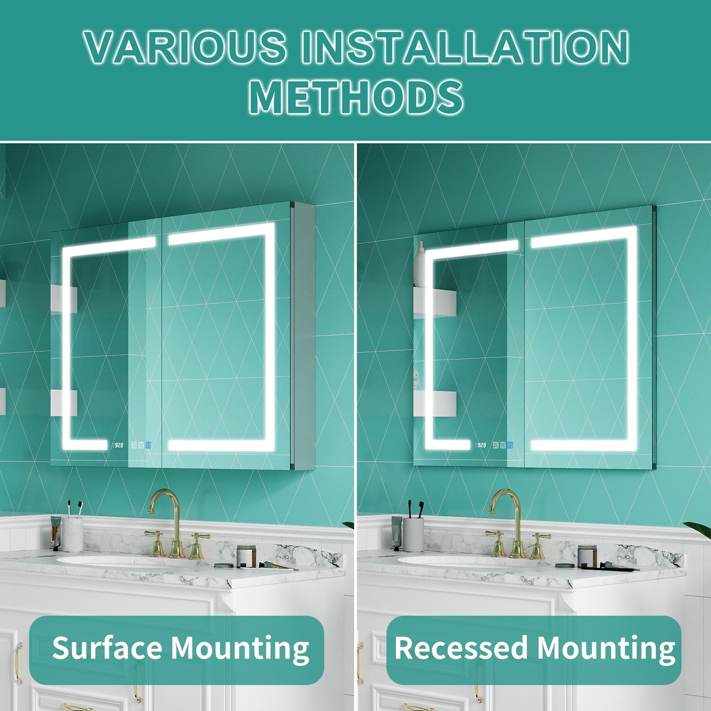 ExBrite Ethos 40-in x 32-in Lighted LED Fog Free Surface/Recessed Mount Silver Mirrored Soft Close Medicine Cabinet with Outlet