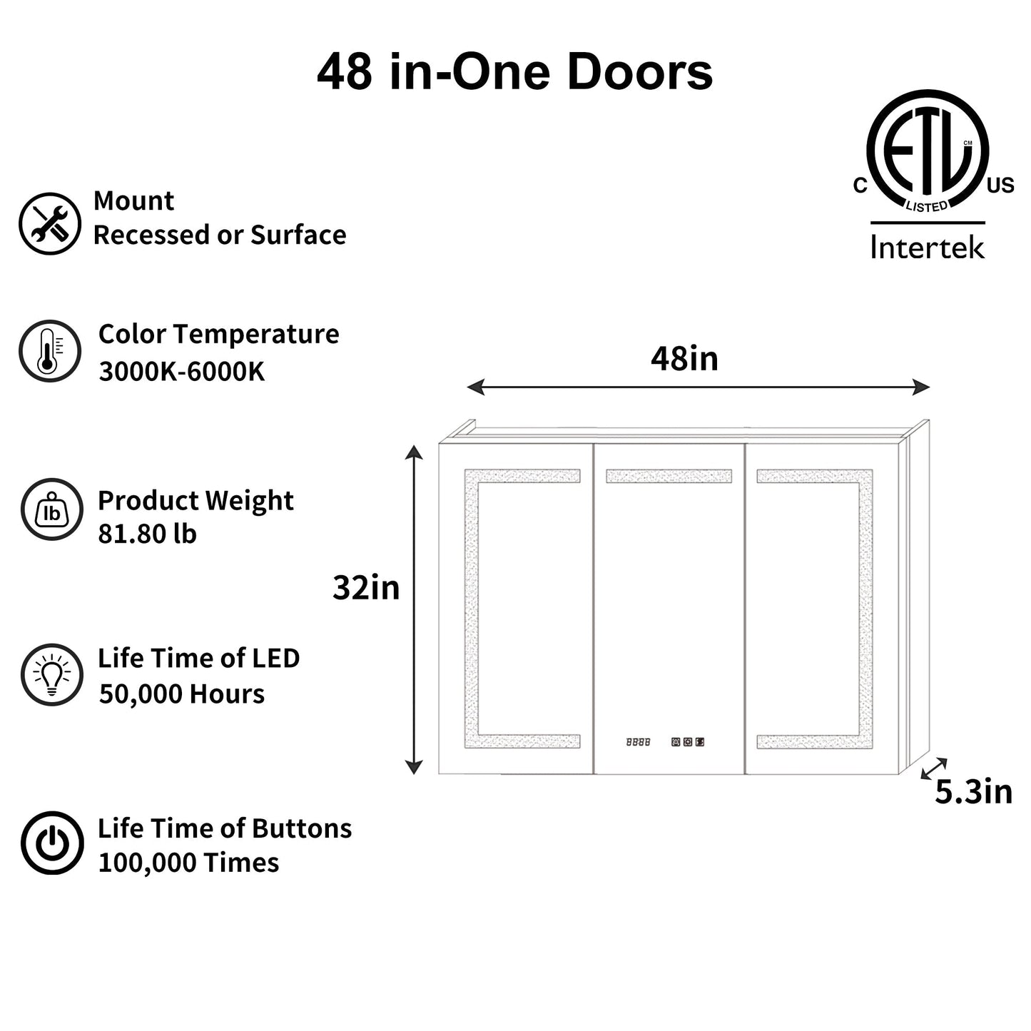 ExBrite Ethos 48-in x 32-in Lighted LED Fog Free Surface/Recessed Mount Silver Mirrored Soft Close Medicine Cabinet with Outlet