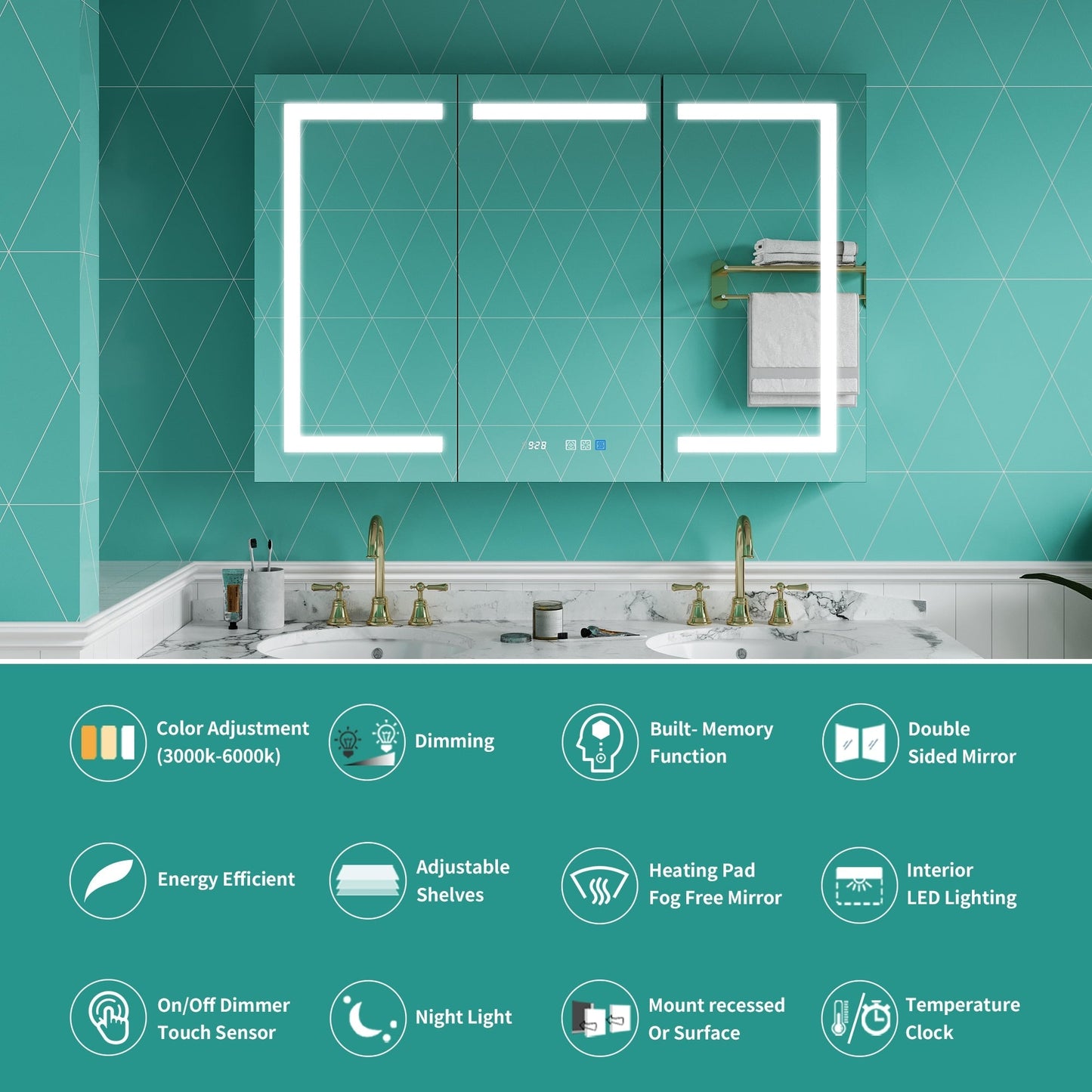 ExBrite Ethos 48-in x 32-in Lighted LED Fog Free Surface/Recessed Mount Silver Mirrored Soft Close Medicine Cabinet with Outlet