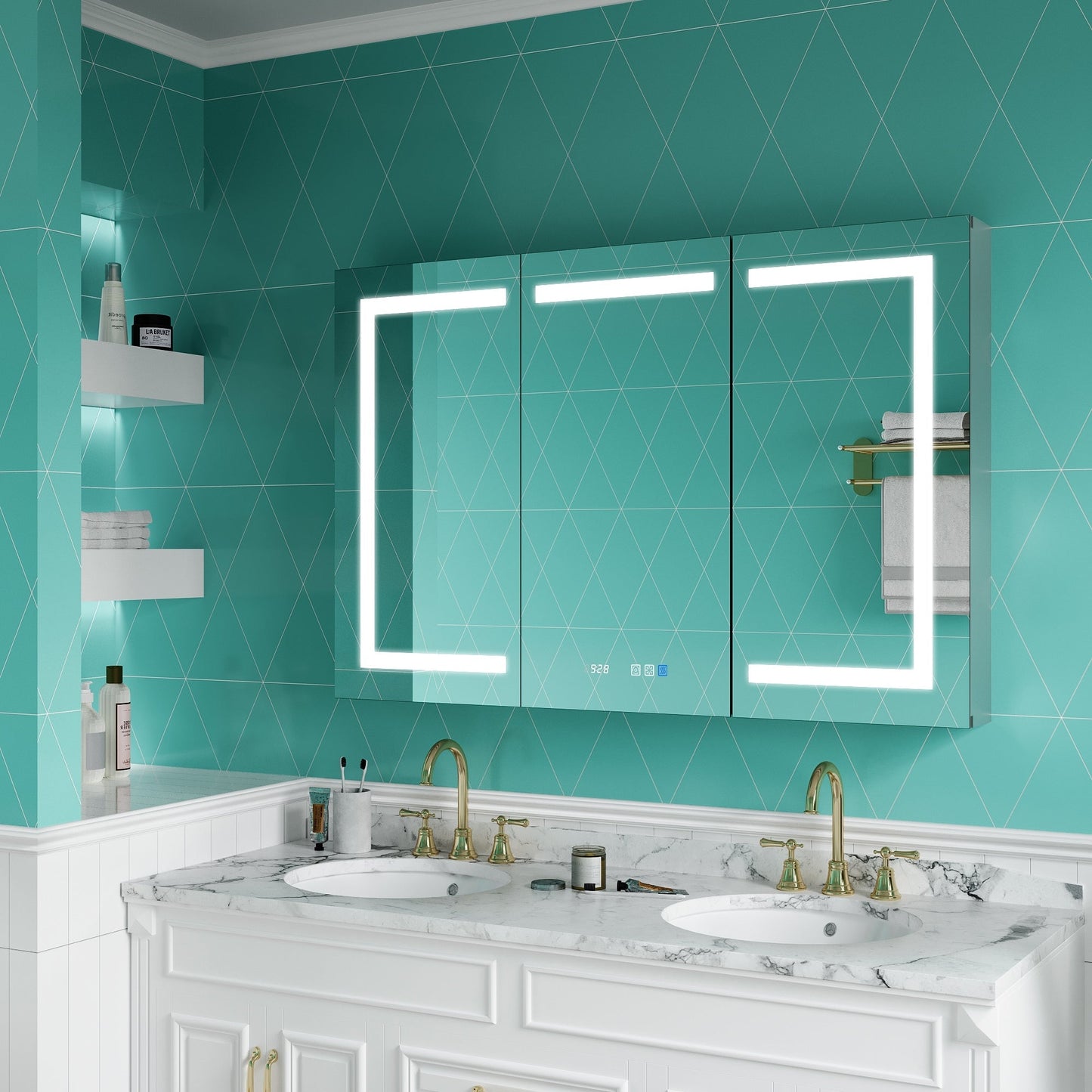 ExBrite Ethos 48-in x 32-in Lighted LED Fog Free Surface/Recessed Mount Silver Mirrored Soft Close Medicine Cabinet with Outlet
