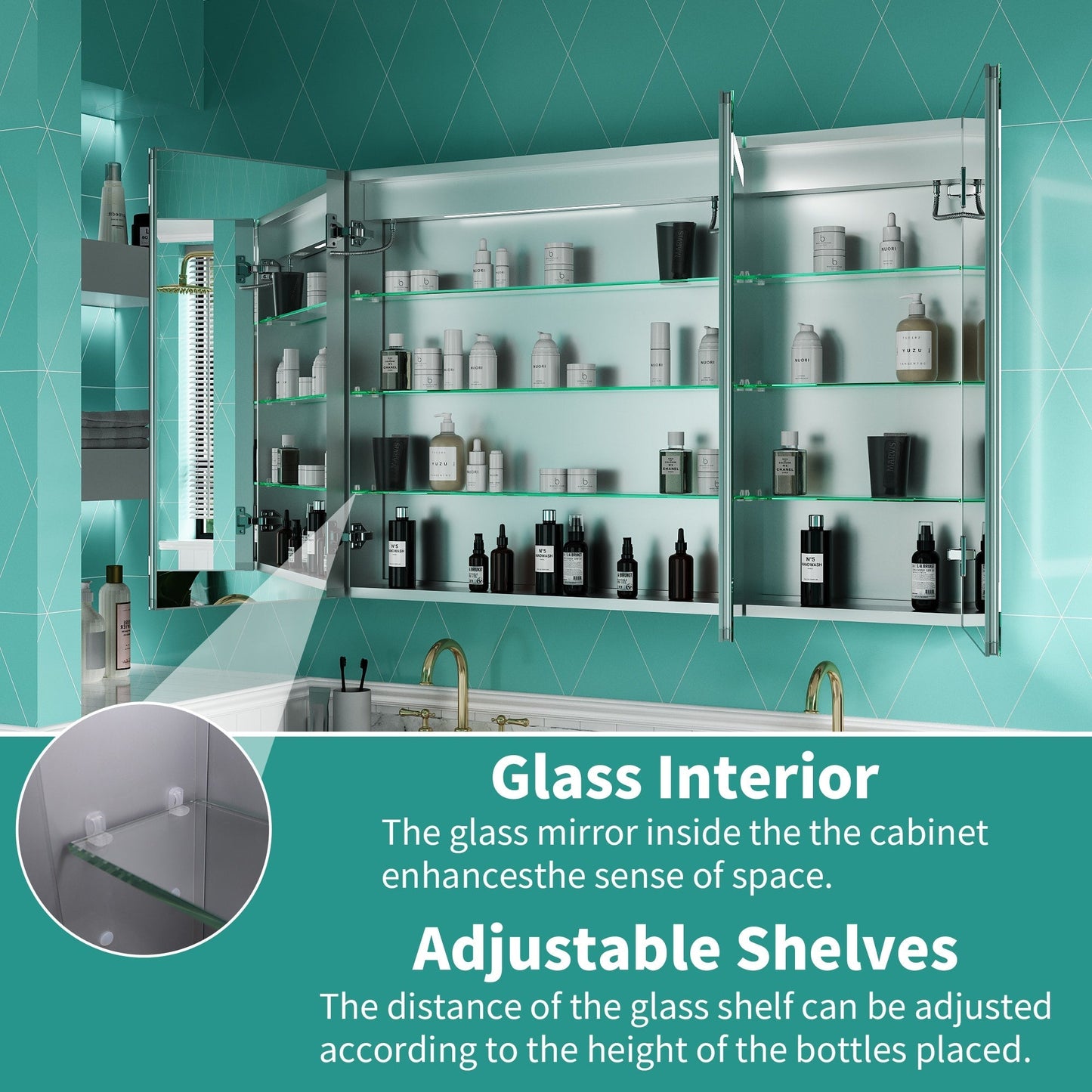 ExBrite Ethos 48-in x 32-in Lighted LED Fog Free Surface/Recessed Mount Silver Mirrored Soft Close Medicine Cabinet with Outlet