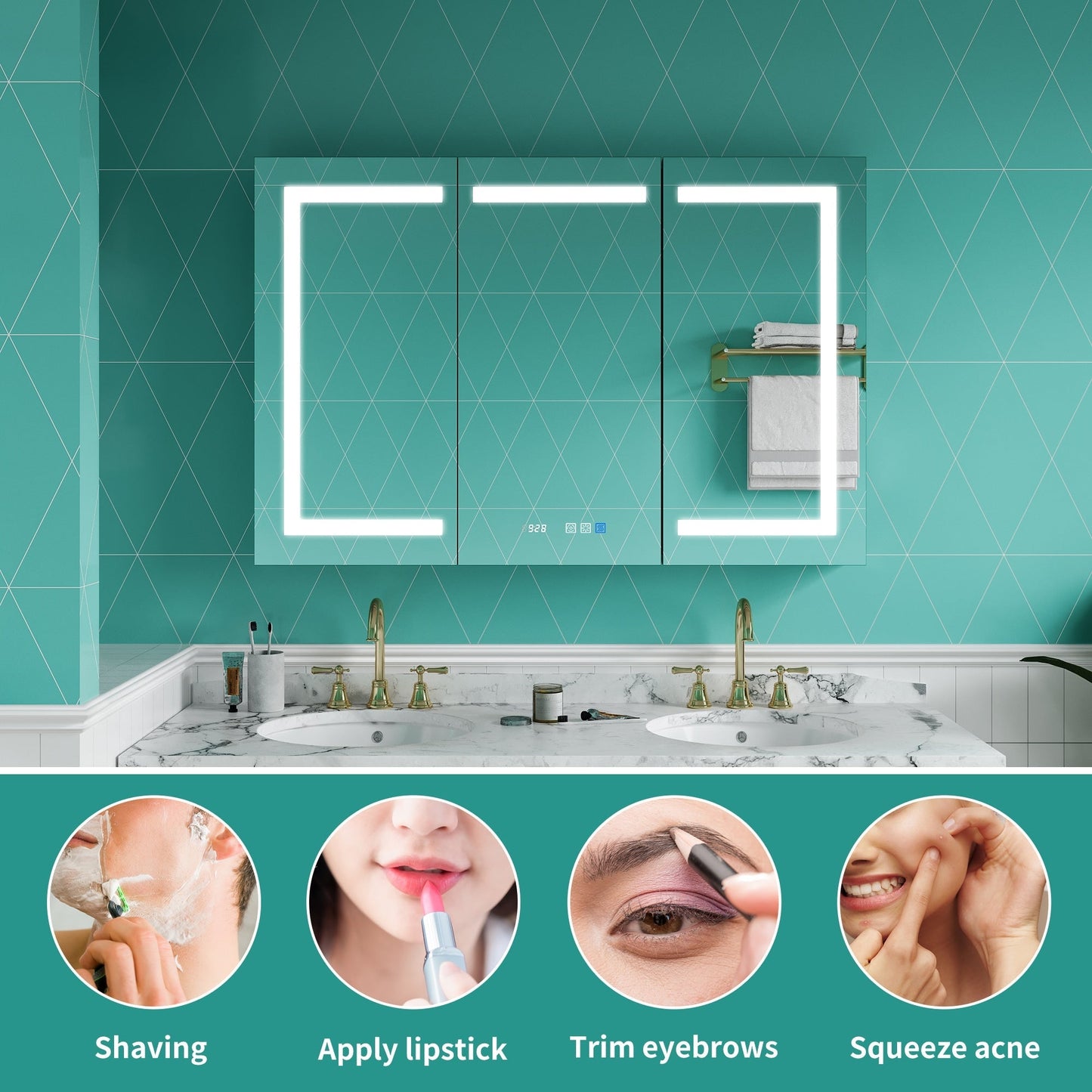 ExBrite Ethos 48-in x 32-in Lighted LED Fog Free Surface/Recessed Mount Silver Mirrored Soft Close Medicine Cabinet with Outlet