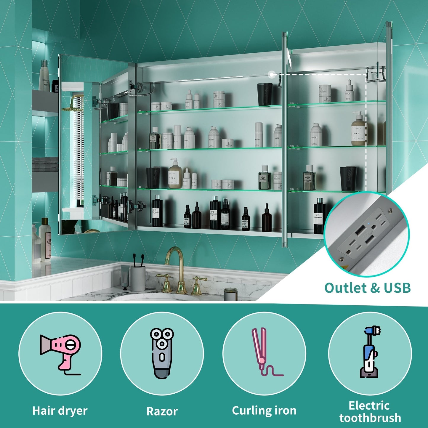 ExBrite Ethos 48-in x 32-in Lighted LED Fog Free Surface/Recessed Mount Silver Mirrored Soft Close Medicine Cabinet with Outlet