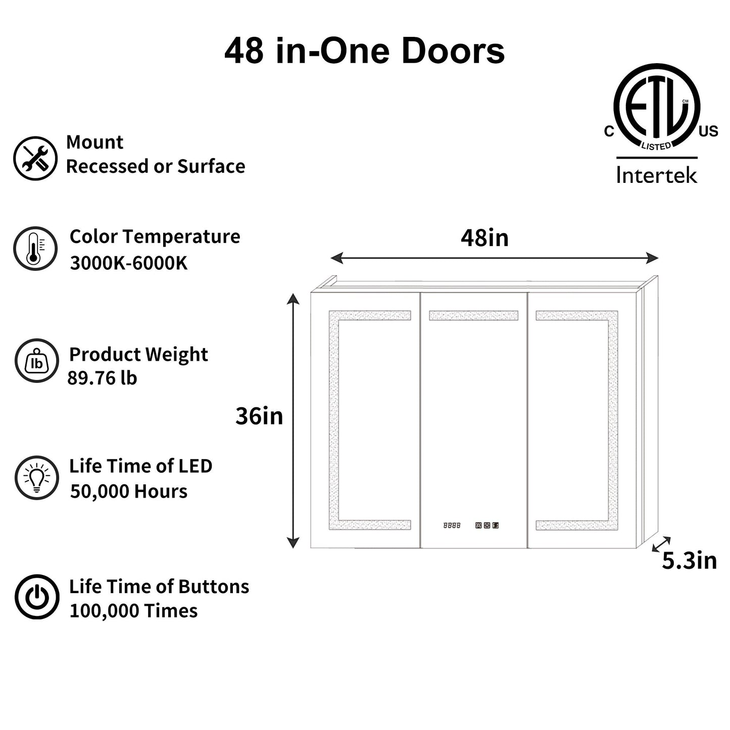 ExBrite 48-in x 36-in Lighted LED Fog Free Surface/Recessed Mount Silver Mirrored Soft Close Medicine Cabinet with Outlet