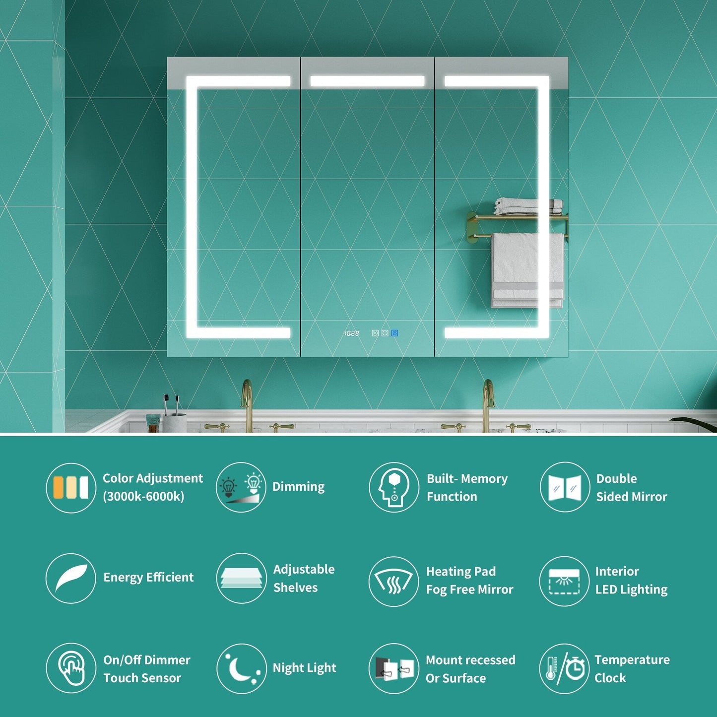 ExBrite 48-in x 36-in Lighted LED Fog Free Surface/Recessed Mount Silver Mirrored Soft Close Medicine Cabinet with Outlet
