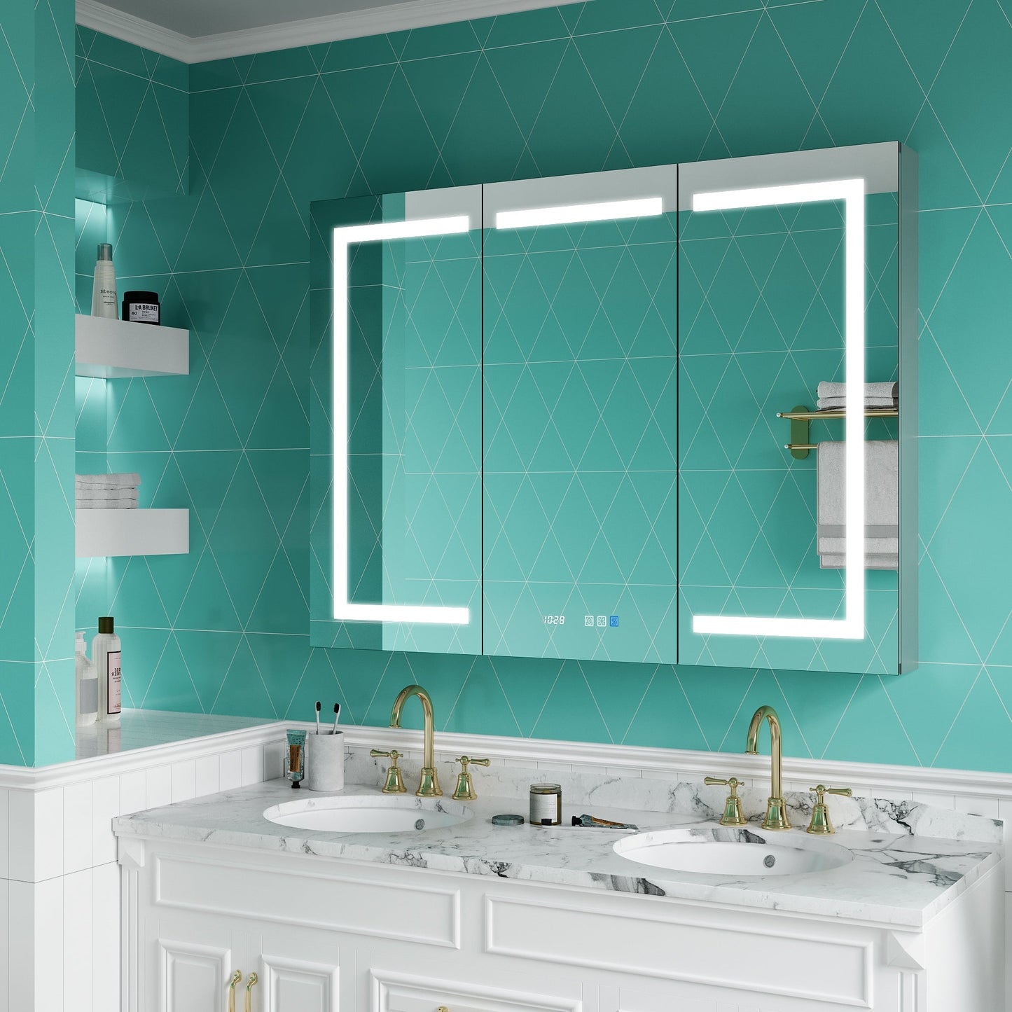 ExBrite 48-in x 36-in Lighted LED Fog Free Surface/Recessed Mount Silver Mirrored Soft Close Medicine Cabinet with Outlet
