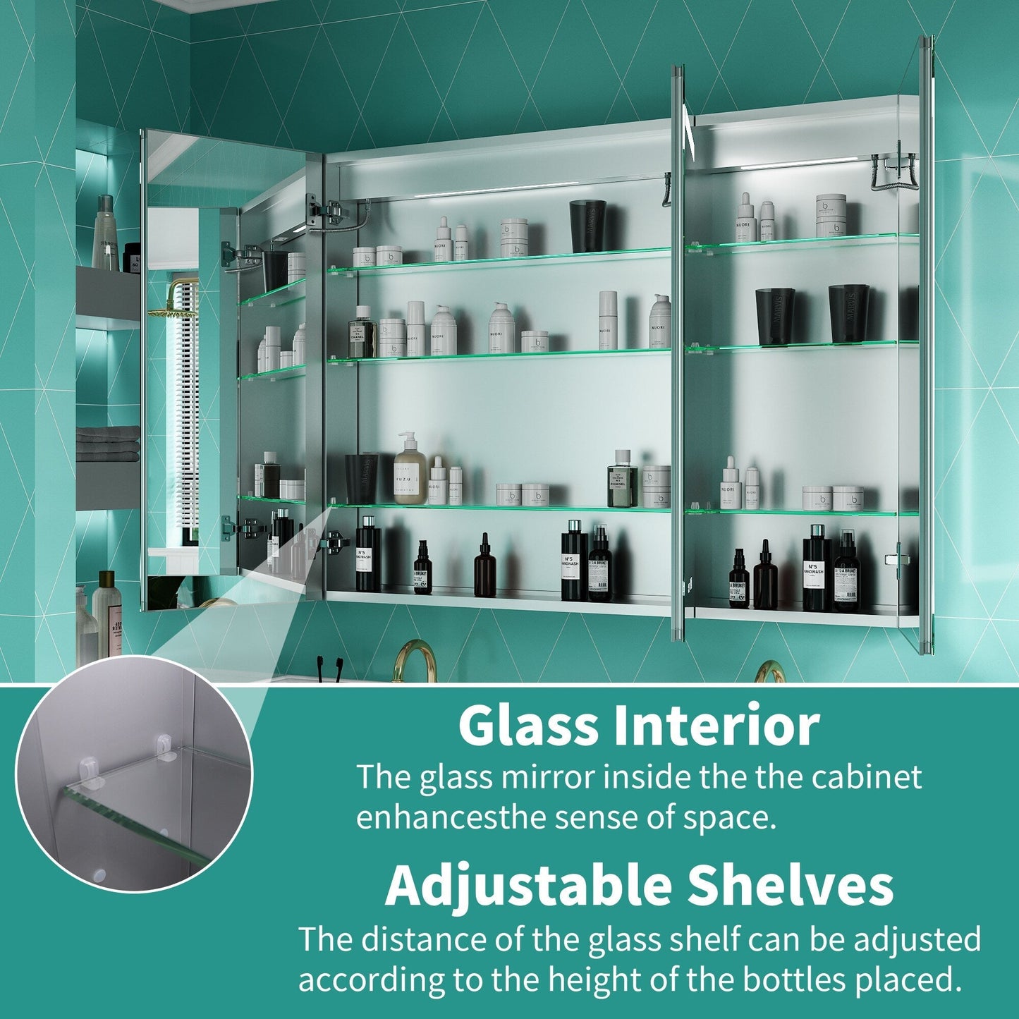 ExBrite 48-in x 36-in Lighted LED Fog Free Surface/Recessed Mount Silver Mirrored Soft Close Medicine Cabinet with Outlet