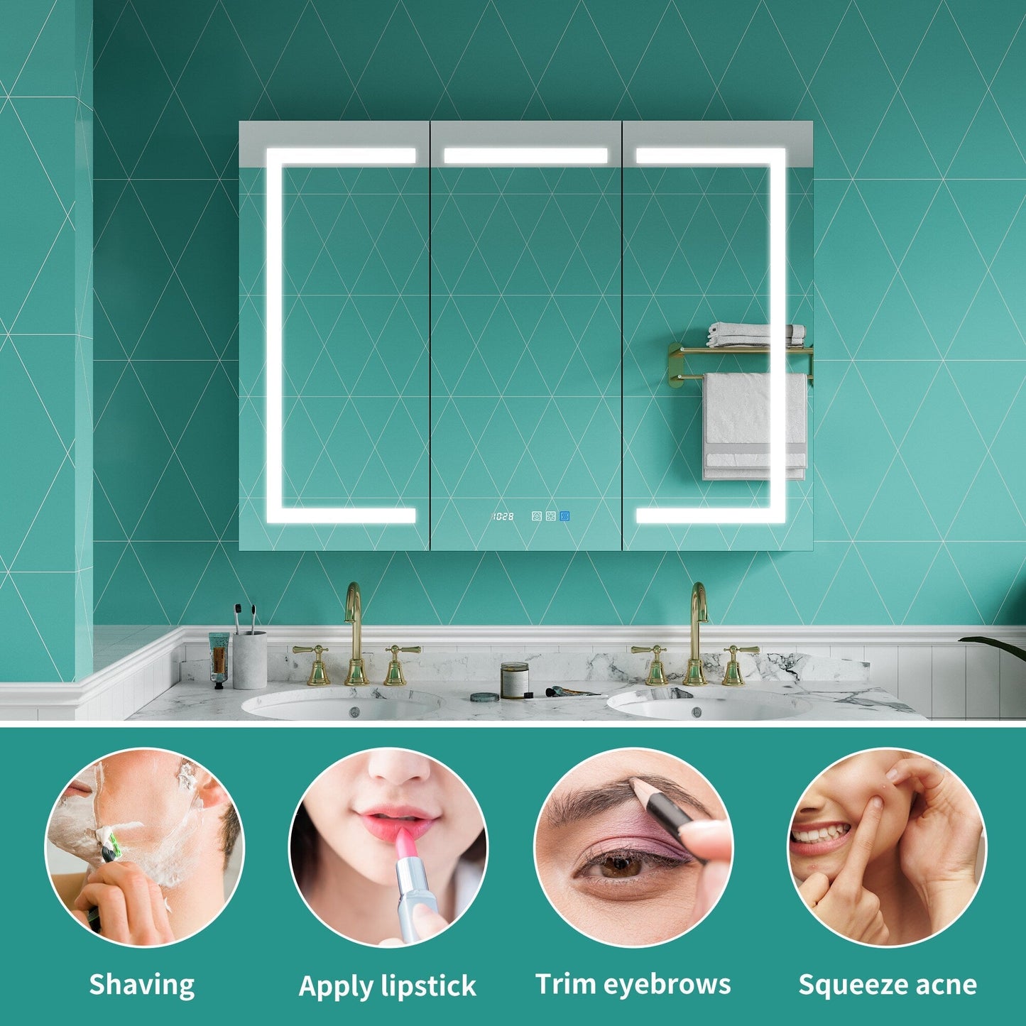 ExBrite Ethos 48-in x 36-in Lighted LED Fog Free Surface/Recessed Mount Silver Mirrored Soft Close Medicine Cabinet with Outlet