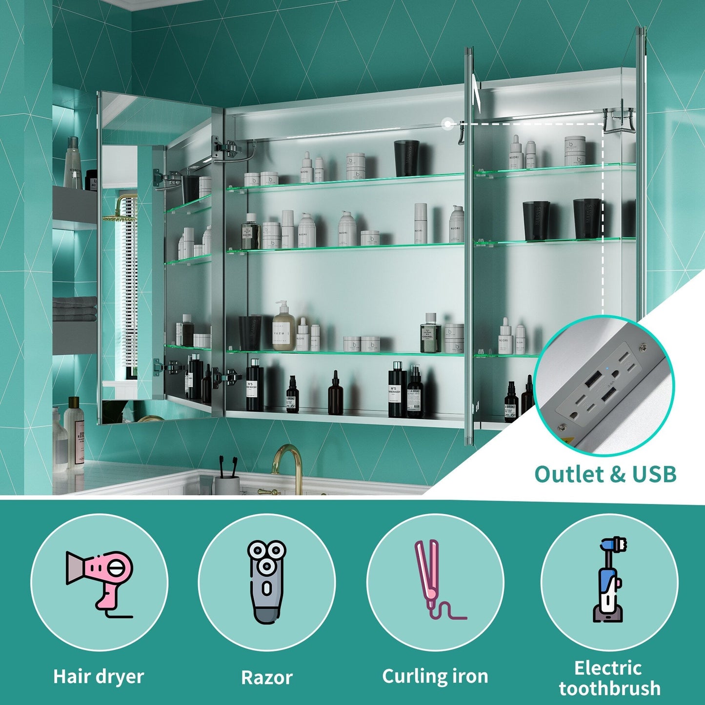 ExBrite 48-in x 36-in Lighted LED Fog Free Surface/Recessed Mount Silver Mirrored Soft Close Medicine Cabinet with Outlet