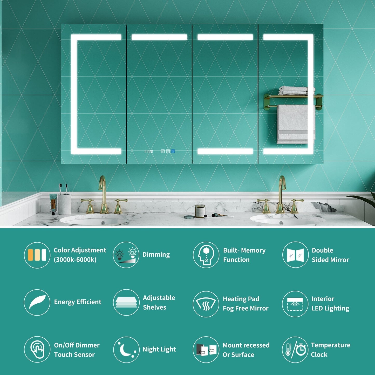 ExBrite Ethos 60-in x 32-in Lighted LED Fog Free Surface/Recessed Mount Silver Mirrored Soft Close Medicine Cabinet with Outlet