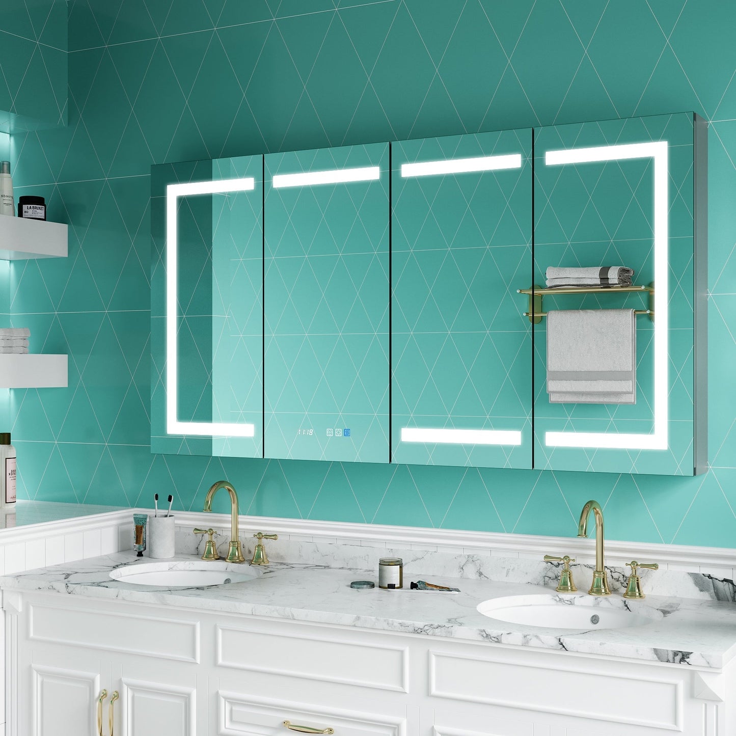 ExBrite Ethos 60-in x 32-in Lighted LED Fog Free Surface/Recessed Mount Silver Mirrored Soft Close Medicine Cabinet with Outlet