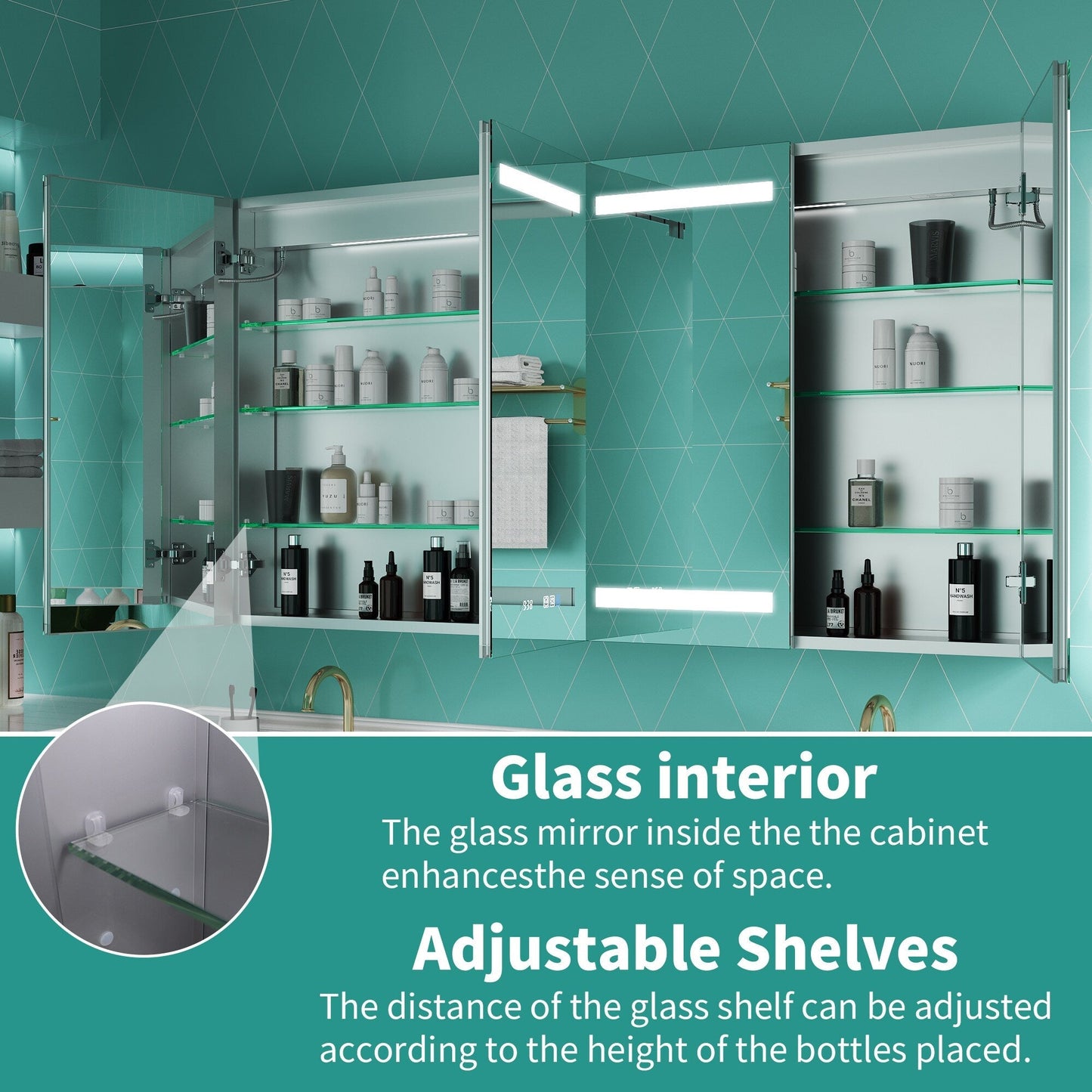 ExBrite Ethos 60-in x 32-in Lighted LED Fog Free Surface/Recessed Mount Silver Mirrored Soft Close Medicine Cabinet with Outlet