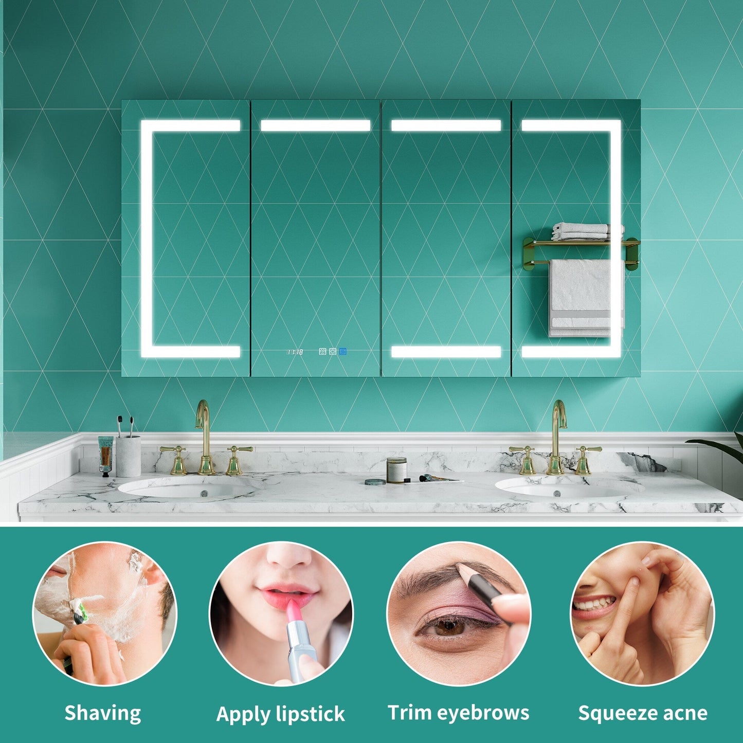 ExBrite Ethos 60-in x 32-in Lighted LED Fog Free Surface/Recessed Mount Silver Mirrored Soft Close Medicine Cabinet with Outlet