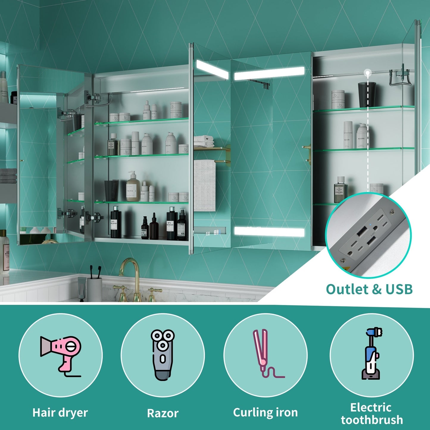ExBrite Ethos 60-in x 32-in Lighted LED Fog Free Surface/Recessed Mount Silver Mirrored Soft Close Medicine Cabinet with Outlet