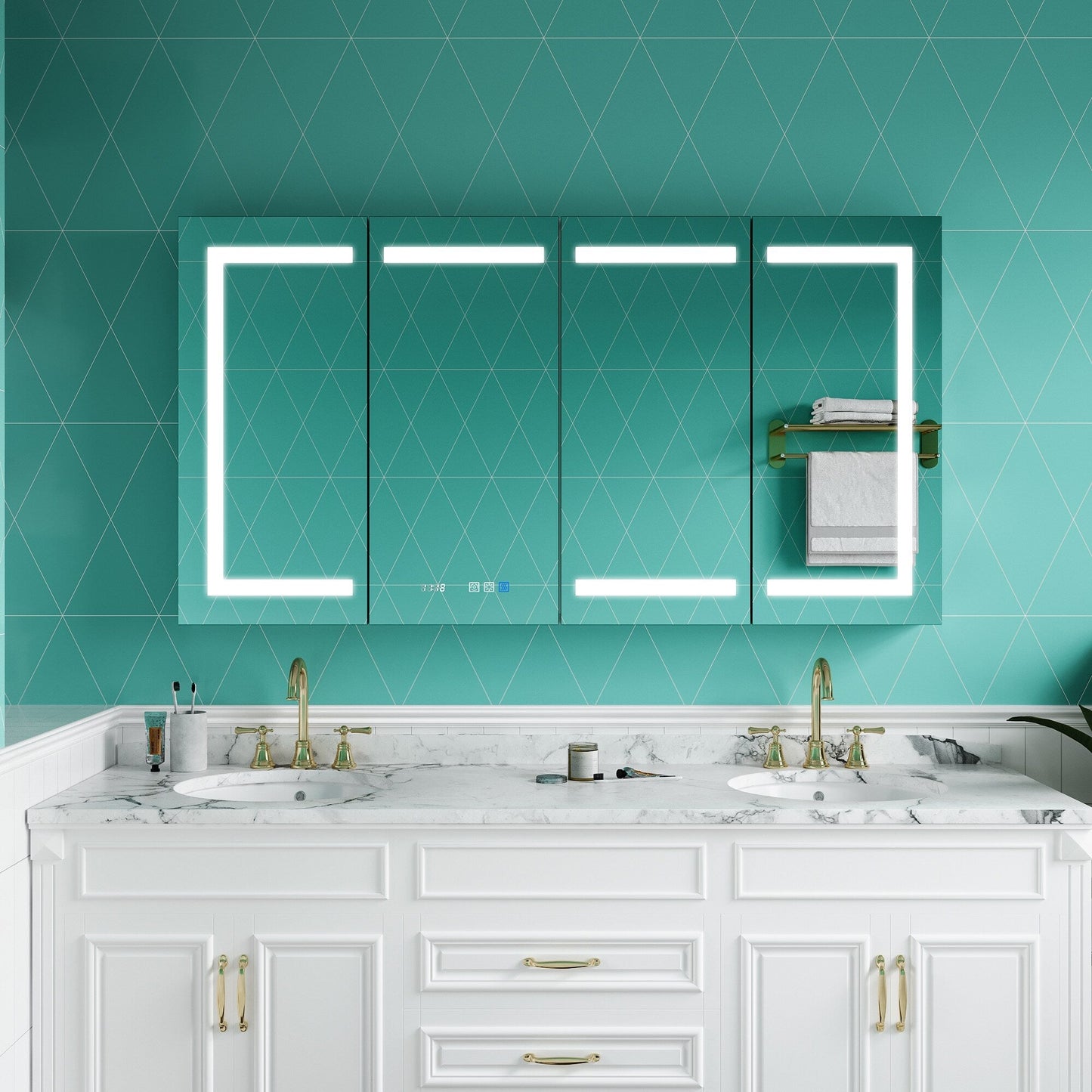 ExBrite Ethos 60-in x 32-in Lighted LED Fog Free Surface/Recessed Mount Silver Mirrored Soft Close Medicine Cabinet with Outlet