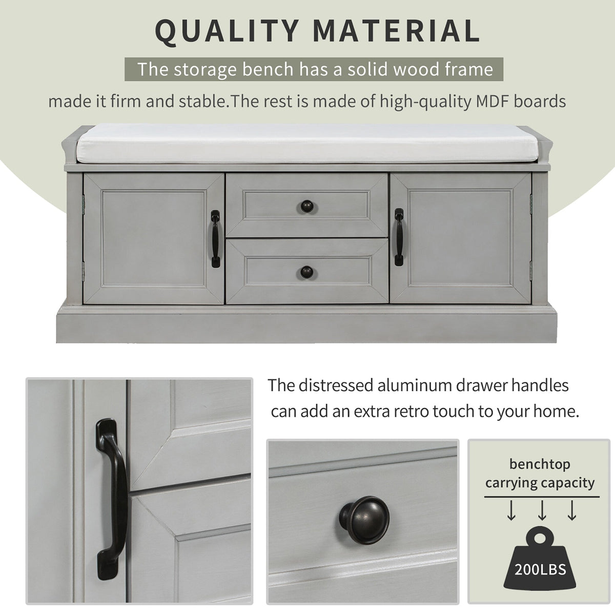 GZMR Storage Bench with 2 Drawers and 2 Cabinets Modern Gray Storage Bench with Storage 42.5-in x 15.1-in x 17.5-in