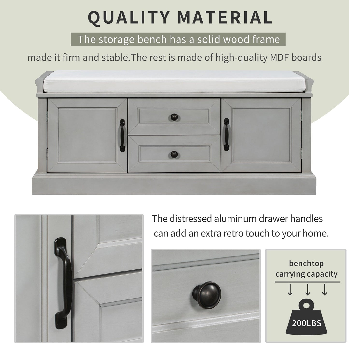 GZMR Storage Bench with 2 Drawers and 2 Cabinets Modern Gray Storage Bench with Storage 42.5-in x 15.1-in x 17.5-in