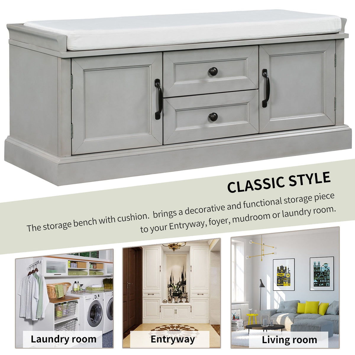 GZMR Storage Bench with 2 Drawers and 2 Cabinets Modern Gray Storage Bench with Storage 42.5-in x 15.1-in x 17.5-in