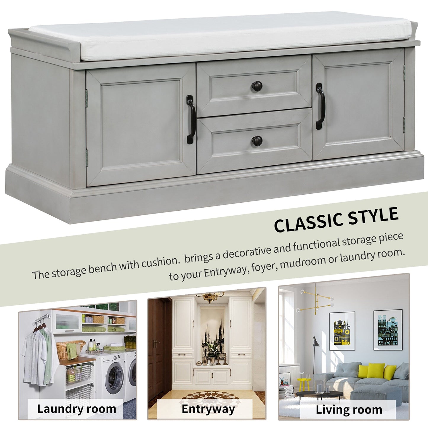 GZMR Storage Bench with 2 Drawers and 2 Cabinets Modern Gray Storage Bench with Storage 42.5-in x 15.1-in x 17.5-in