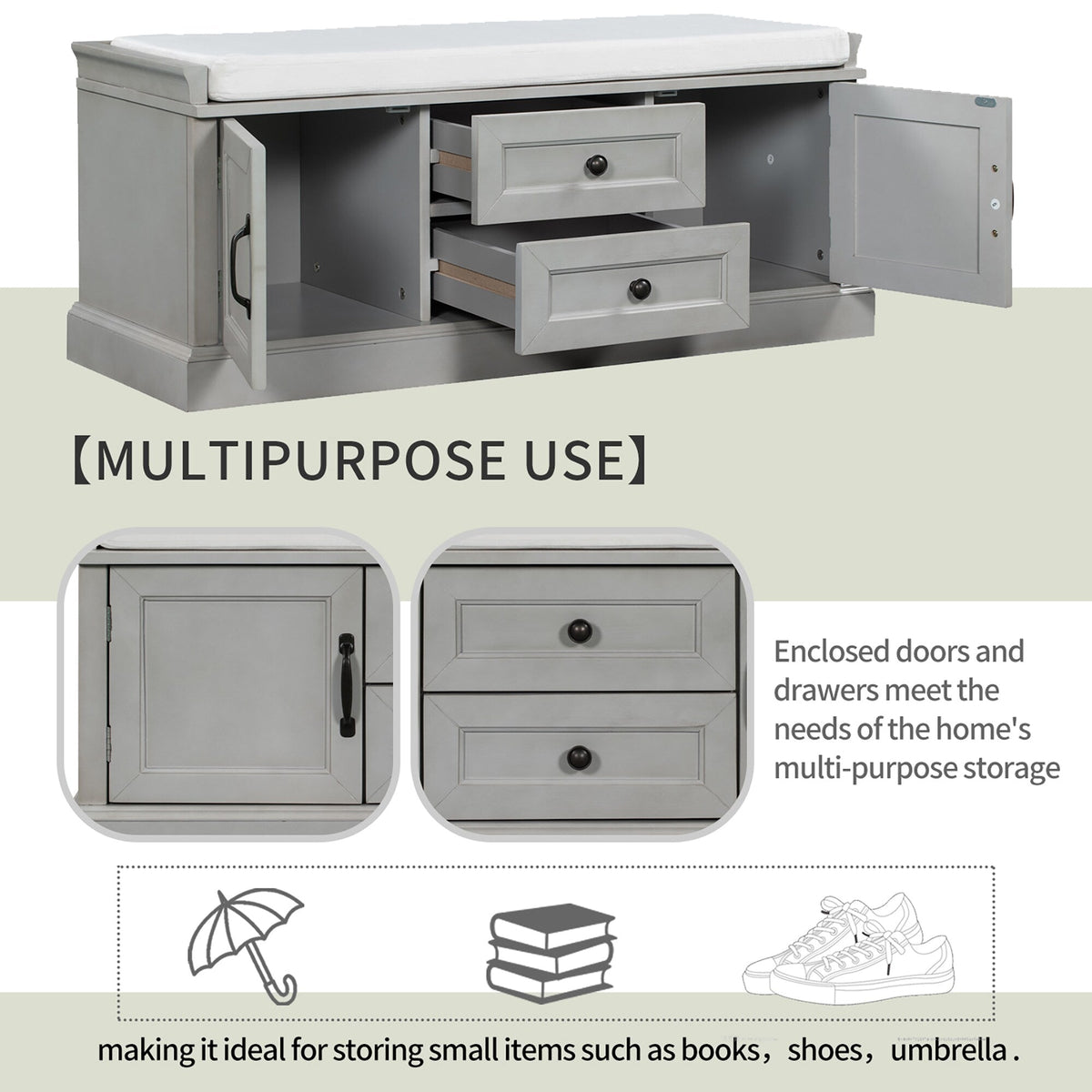 GZMR Storage Bench with 2 Drawers and 2 Cabinets Modern Gray Storage Bench with Storage 42.5-in x 15.1-in x 17.5-in