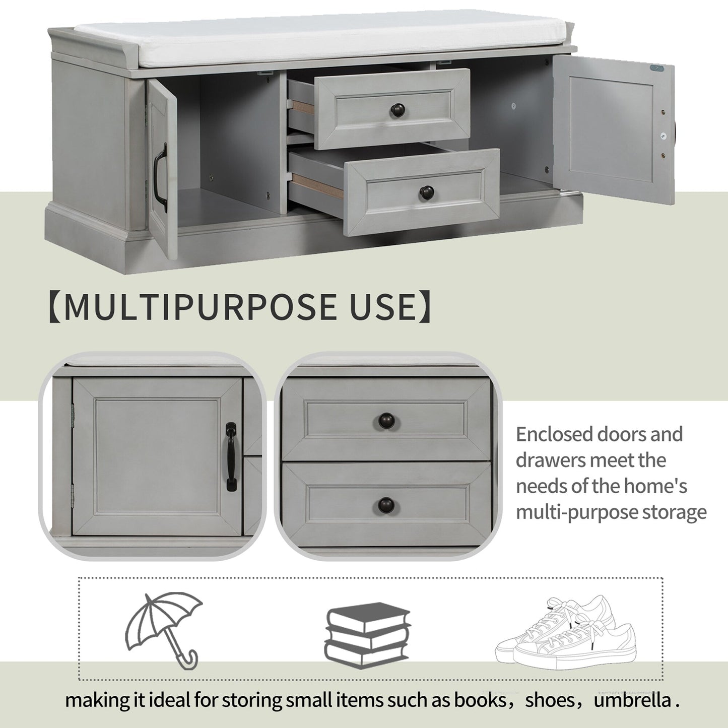 GZMR Storage Bench with 2 Drawers and 2 Cabinets Modern Gray Storage Bench with Storage 42.5-in x 15.1-in x 17.5-in