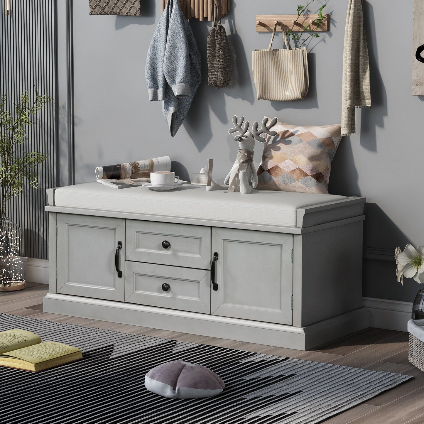 GZMR Storage Bench with 2 Drawers and 2 Cabinets Modern Gray Storage Bench with Storage 42.5-in x 15.1-in x 17.5-in