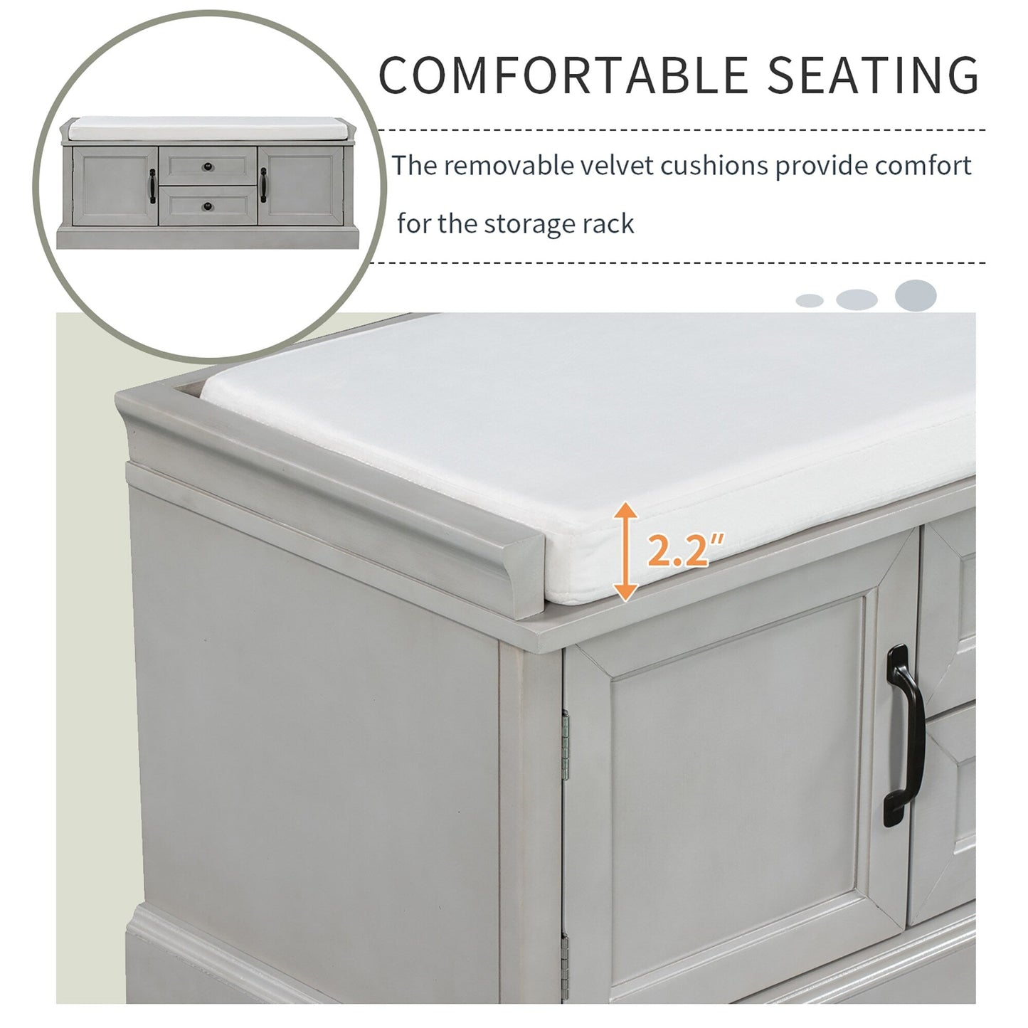 GZMR Storage Bench with 2 Drawers and 2 Cabinets Modern Gray Storage Bench with Storage 42.5-in x 15.1-in x 17.5-in