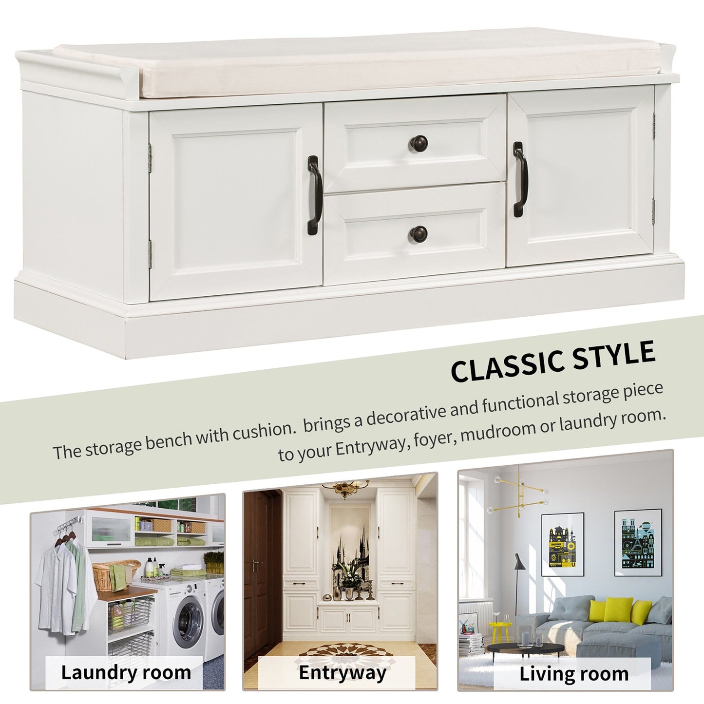 GZMR Storage Bench with 2 Drawers and 2 Cabinets Modern White Storage Bench with Storage 42.5-in x 15.1-in x 17.5-in