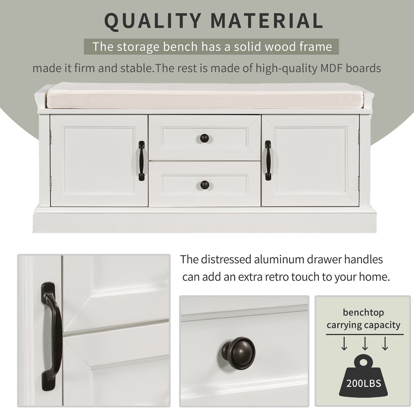 GZMR Storage Bench with 2 Drawers and 2 Cabinets Modern White Storage Bench with Storage 42.5-in x 15.1-in x 17.5-in