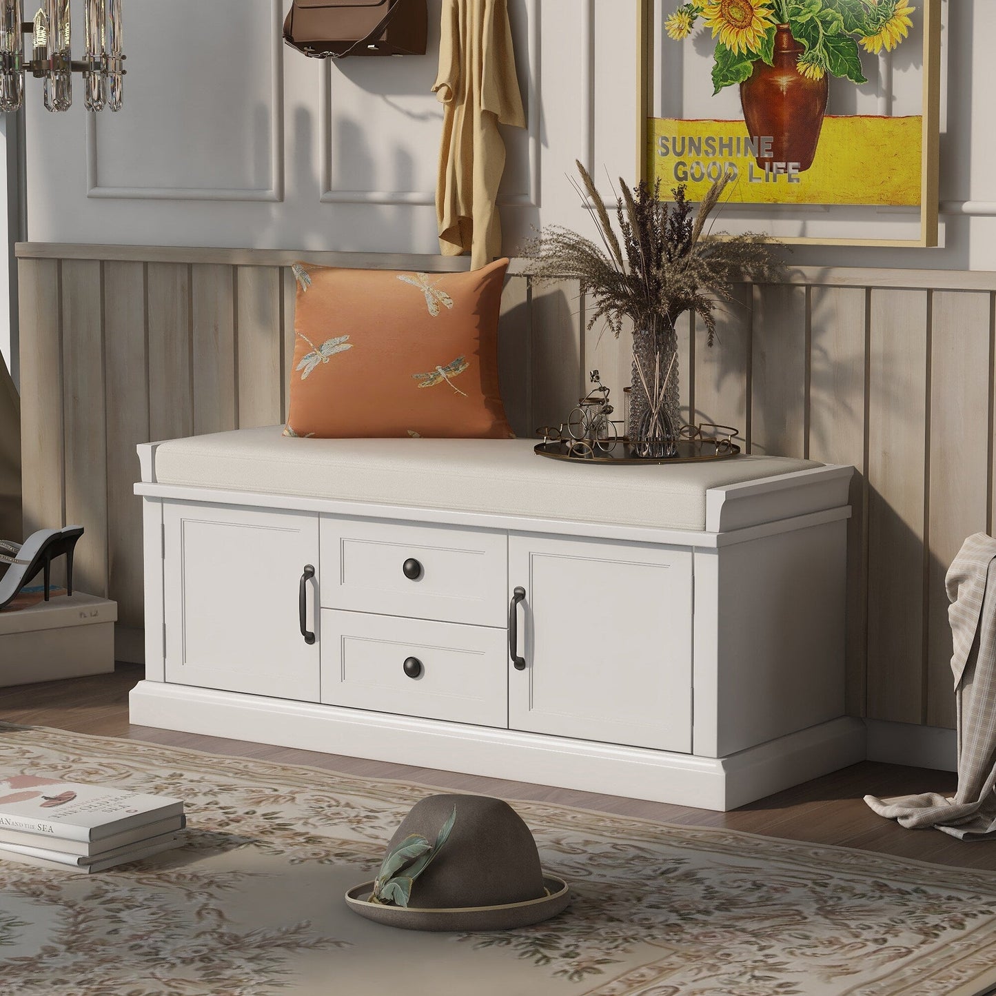 GZMR Storage Bench with 2 Drawers and 2 Cabinets Modern White Storage Bench with Storage 42.5-in x 15.1-in x 17.5-in