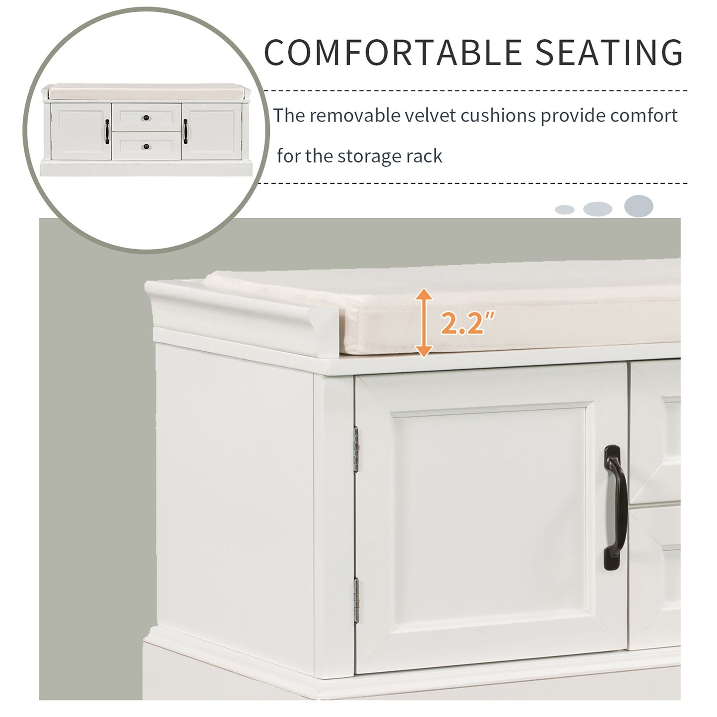 GZMR Storage Bench with 2 Drawers and 2 Cabinets Modern White Storage Bench with Storage 42.5-in x 15.1-in x 17.5-in