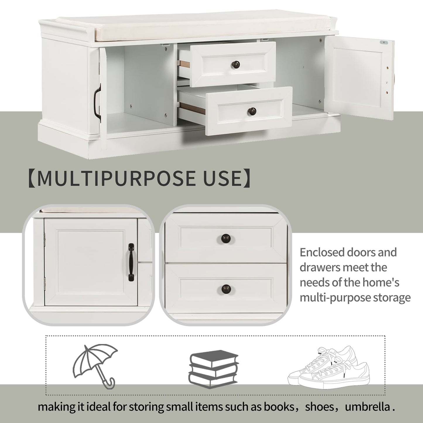 GZMR Storage Bench with 2 Drawers and 2 Cabinets Modern White Storage Bench with Storage 42.5-in x 15.1-in x 17.5-in